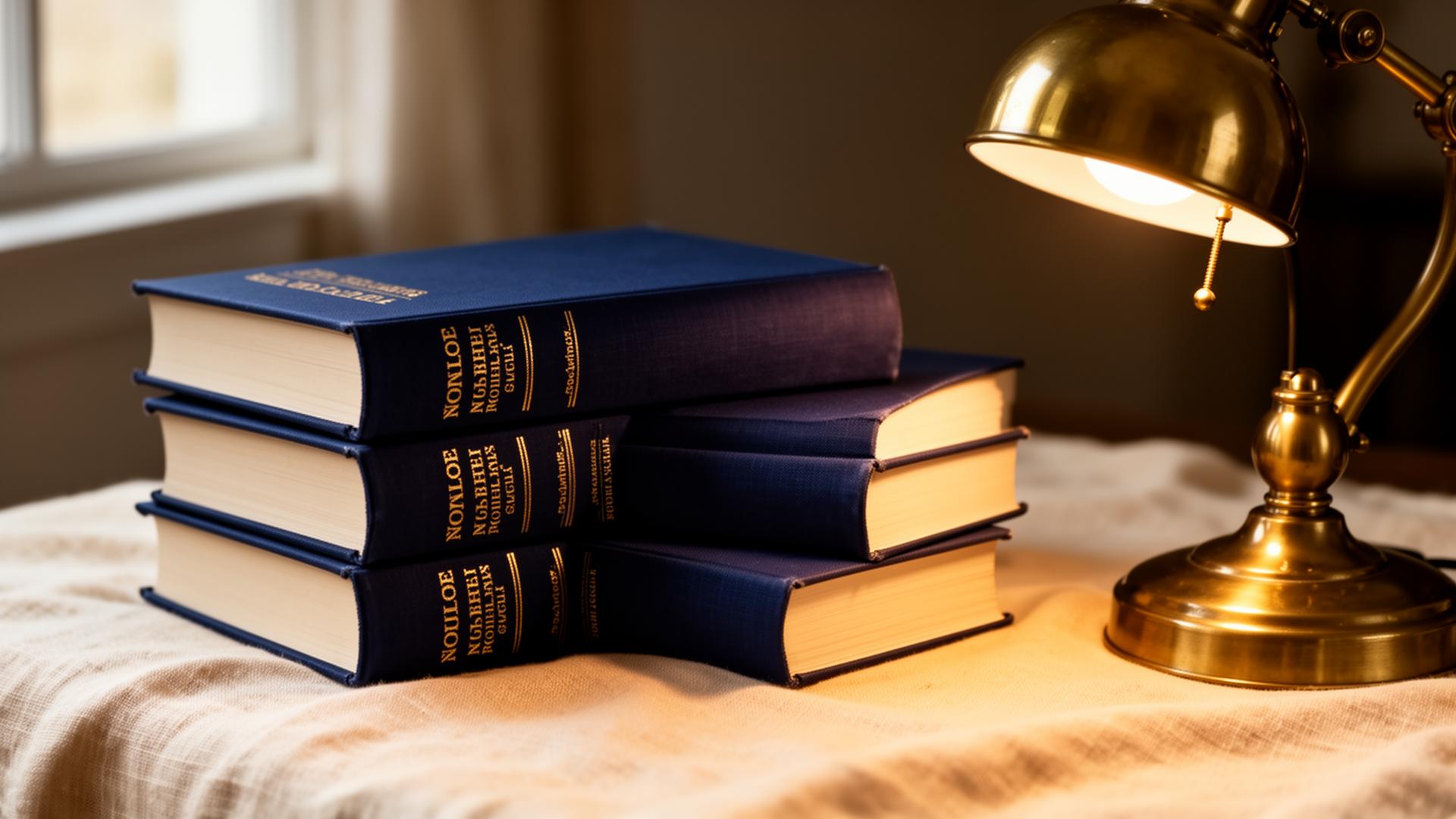 Stack of navy hardcover books beside a warm brass desk lamp
